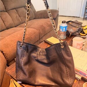 Like New Tory Burch Marion Slouchy Tote with Chain and black leather straps.